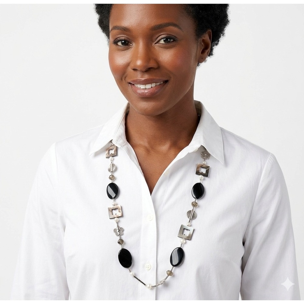 Mixed Media Beaded Long Necklace Black Mother of Pearl Silver Tone Whimsygoth